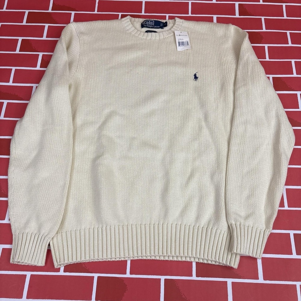 Polo By Ralph Lauren Sweater Mens M White Cotton Chunky Knit Crew Neck Logo NWT